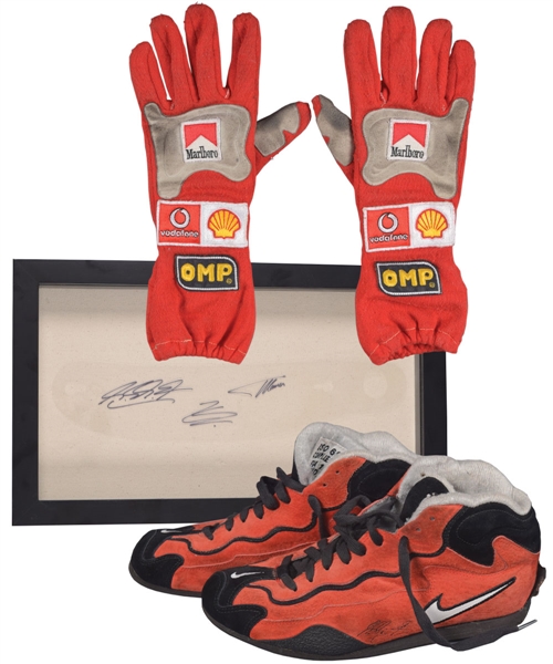Michael Scumachers Ferrari Signed Race-Used Gloves, Race-Used Shoes Plus Multi-Signed Tear-Away Visor Including Schumacher
