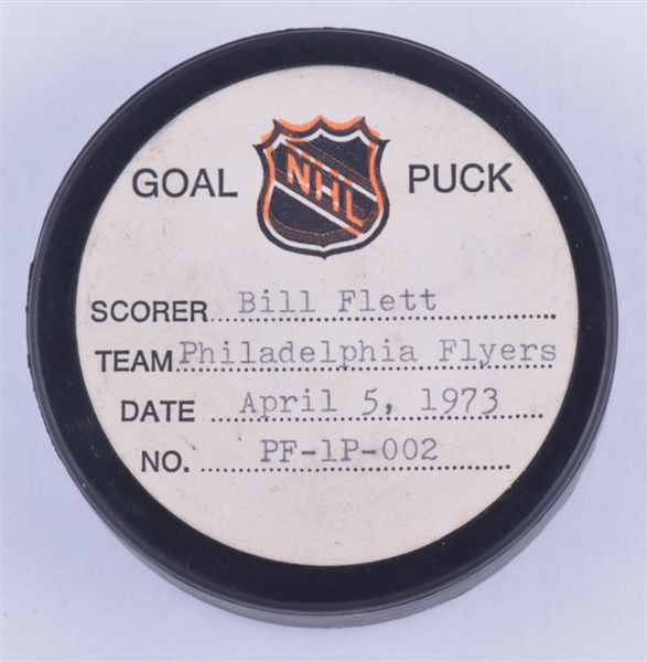 Bill Fletts Philadelphia Flyers April 5th 1973 Playoff Goal Puck from the NHL Goal Puck Program - 1st Playoff Goal of Season / Career Playoff Goal #5