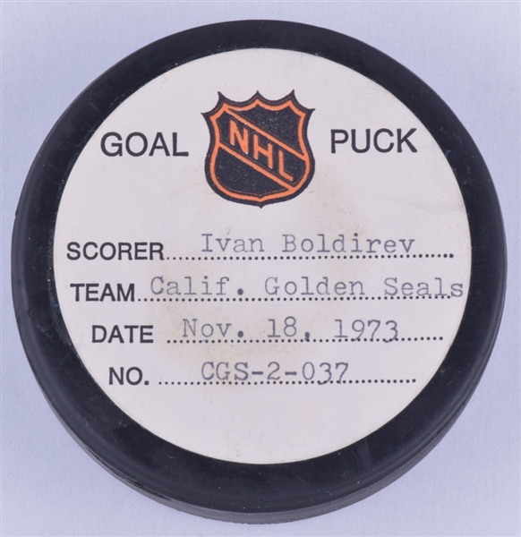 Ivan Boldirevs California Golden Seals November 18th 1973 Goal Puck from the NHL Goal Puck Program - 5th Goal of Season / Career Goal #21 / Game-Winning Goal
