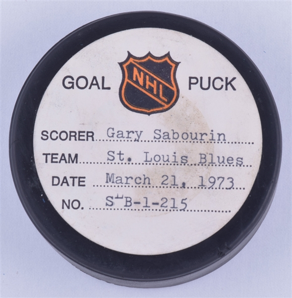 Gary Sabourins  St. Louis Blues March 21st 1973 Goal Puck from the NHL Goal Puck Program - 20th Goal of Season / Career Goal #128