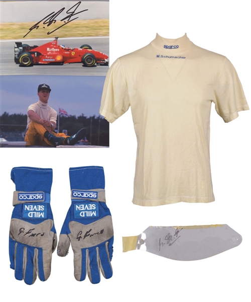 Michael Schumachers 1994 Renault Nomex Underwear Shirt, Giancarlo Fisichellas Mid-1990s Signed Renault Race-Used Gloves Plus Schumacher Signed Tear-Away Visor and Photo