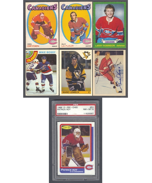 1970s and 1980s Hockey RC Card Collection of 7 Including Lafleur, Dryden, Lemieux and Roy Plus Gordie Howe Signed Card