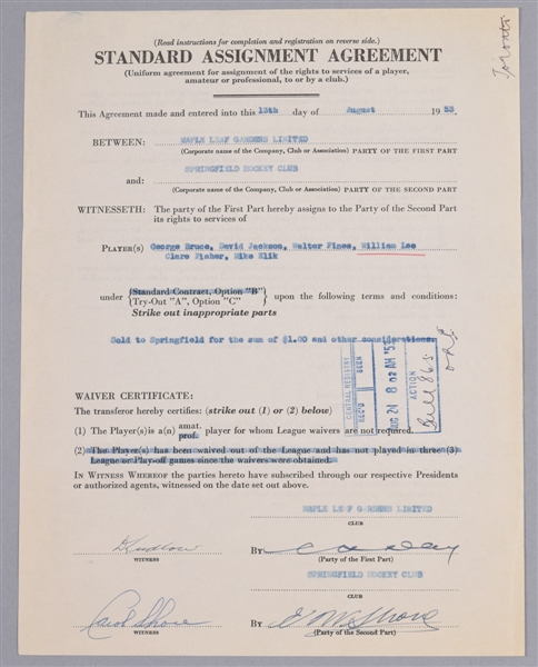 Toronto Maple Leafs and Springfield Indians 1953 Official NHL Standard Assignment Agreement with Deceased HOFers Eddie Shore and Hap Day Signatures