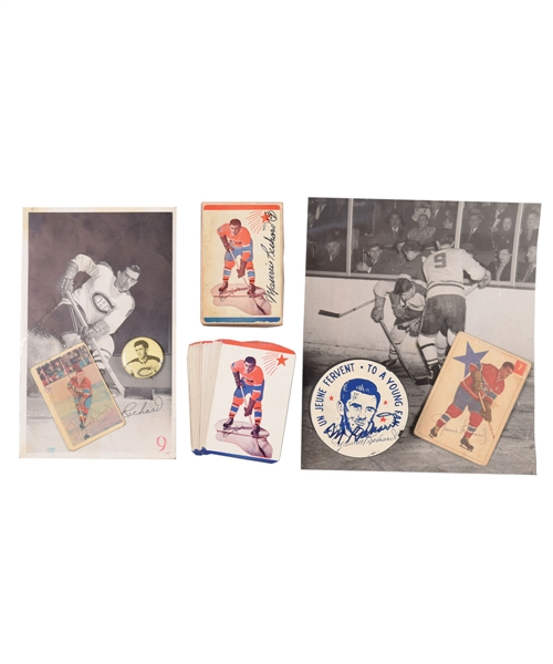 Maurice Richard Montreal Canadiens Memorabilia Collection with 1948 Complete Deck of Playing Cards in Box, 1951 Maurice Richard Night Pin, Parkhurst Hockey Cards (3) and Much More!