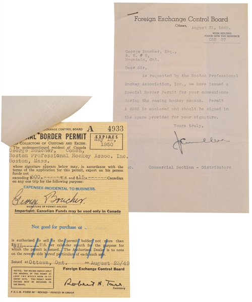 Deceased HOFer George "Buck" Boucher Signed 1949-50 Boston Bruins Special Border Permit