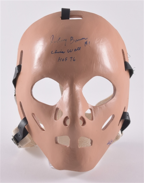 Johnny Bower Toronto Maple Leafs Signed Collection of 4 including Vintage-Style Goalie Mask, Jersey, Photo and Puck with LOA