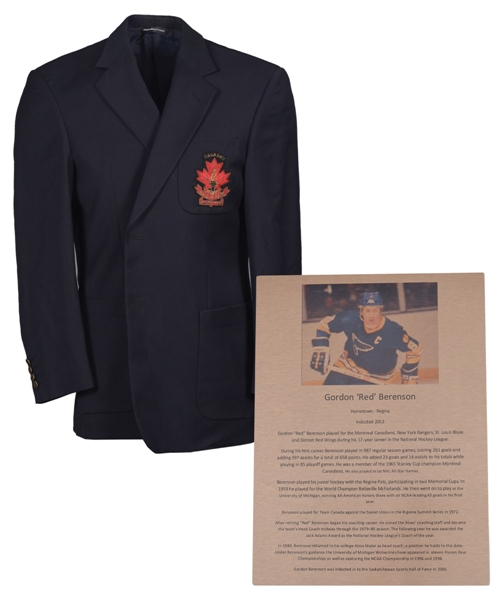 Gordon "Red" Berensons Canadas Sports Hall of Fame Honoured Member Blazer Jacket Plus Saskatchewan Hall of Fame Plaque with His Signed LOA