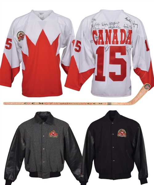Gordon "Red" Berensons 1972 Canada-Russia Series "Team of the Century" Team-Signed Jersey and Stick, Lithographs (2), Jackets (2) and Jerseys (2) with His Signed LOA