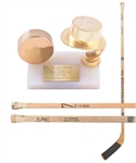 Gordon "Red" Berensons 1967-68 St. Louis Blues Game-Used Team-Signed Inaugural Season Playoffs Stick Plus November 1st 1969 Hat Trick Trophy with His Signed LOA