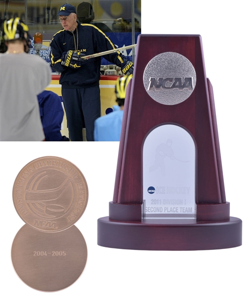 Gordon "Red" Berensons 2011 Michigan Wolverines NCAA Hockey Division I Second Place Team Trophy Plus 2004-05 Participation Medal with His Signed LOA