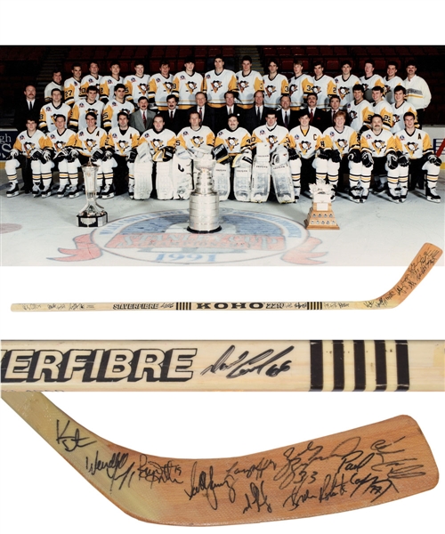 Pittsburgh Penguins 1990-91 Stanley Cup Champions Team-Signed Stick by 19 Including Lemieux, Coffey and Recchi with JSA LOA