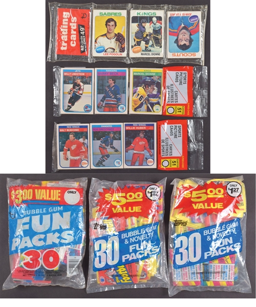 1975-76 Topps Hockey Rack Pack, 1982-83 O-Pee-Chee Hockey Rack Packs (2) and Early-1980s Topps Fun Packs (3)