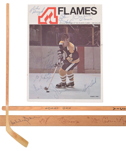 Bobby Orrs 1974-75 Boston Bruins Team-Signed Game-Issued Stick Plus 1972-73 Multi-Signed Program Including Orr, Esposito and Plante