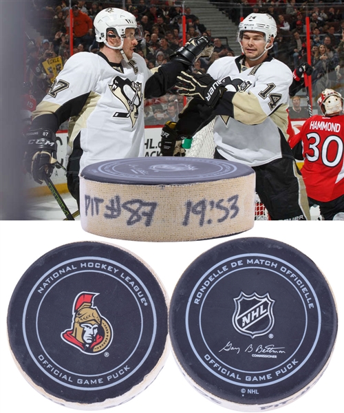 Sidney Crosbys Pittsburgh Penguins April 5th 2016 Goal Puck with Senators COA - 35th Goal of Season / Career Goal #337