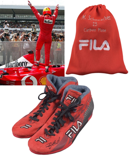 Michael Schumachers Circa 2002 Ferrari Signed Fila Race Boots in Carrying Bag with LOA