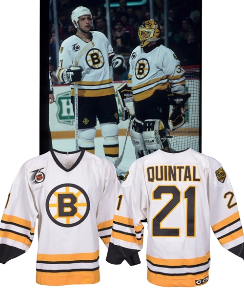 Stephane Quintals 1991-92 Boston Bruins Game-Worn Jersey with His Signed LOA - 75th Patch! - Team Repairs! - Photo-Matched!