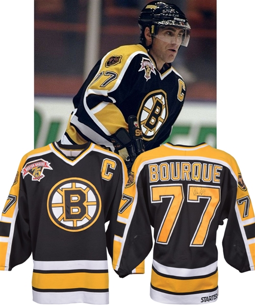 Ray Bourques 1998-99 Boston Bruins Signed Game-Worn Captains Jersey with Stephane Quintals Signed LOA - 75th Patch! - Team Repairs!