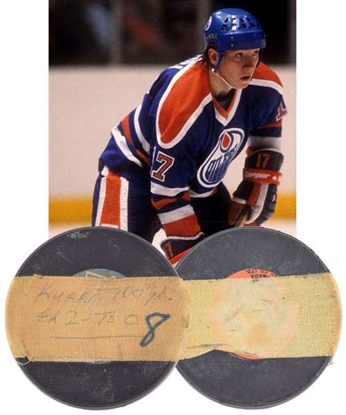 Jarri Kurris 1982-83 Edmonton Oilers 100th NHL Career Goal Milestone Puck with Team LOA - 2nd Goal of Hat Trick! - Assisted by Gretzky!