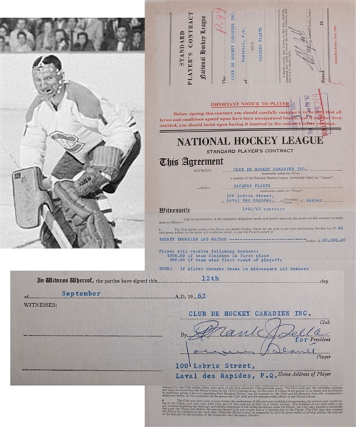 Jacques Plantes 1962-63 Montreal Canadiens NHL Contract Signed by Deceased HOFers Plante, Selke and Campbell