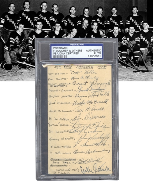 New York Rangers 1943-44 Team-Signed Postcard by 15 Including Deceased HOFers Boucher, Hextall and Patrick - PSA/DNA Certified