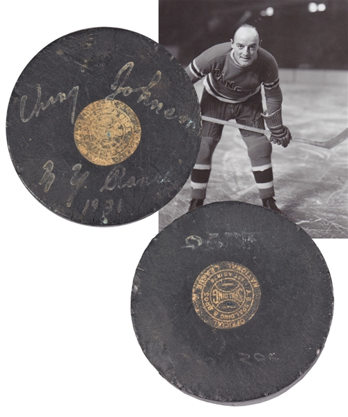 Ivan "Ching" Johnson 1931 New York Rangers Signed Spalding Official NHL Game-Used Puck with JSA LOA