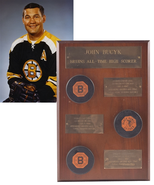 Johnny Bucyks 1967-68 Boston Bruins All-Time Record-Breaking Milestone Pucks Display "230th Goal - 347th Assist - 576th Point" with His Signed LOA