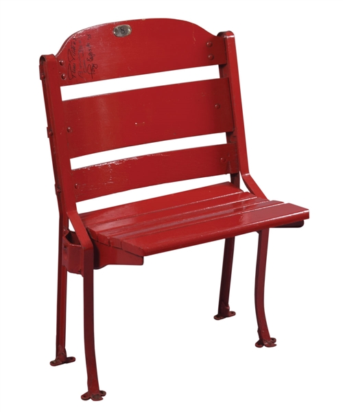 Chicago Stadium Red Single Seat Signed by HOFers Tony Esposito, Bobby Hull and Pierre Pilote 