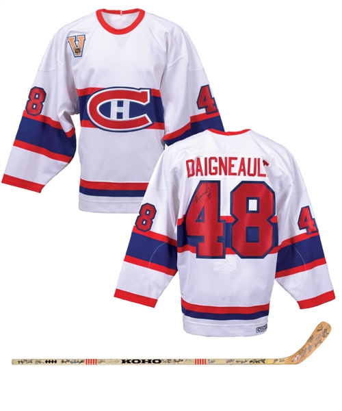 J.J. Daigneaults 2003 Heritage Classic Montreal Canadiens MegaStars Signed Game-Worn Jersey Plus Team-Signed Stick and Frame with His Signed LOA