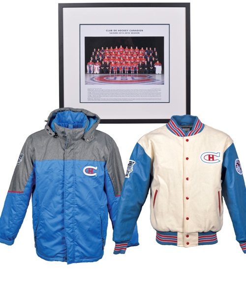 J.J. Daigneaults 2016 NHL Winter Classic Montreal Canadiens Team Jackets (2) Plus 2015-16 Montreal Canadiens Official Framed Team Photo with His Signed LOA