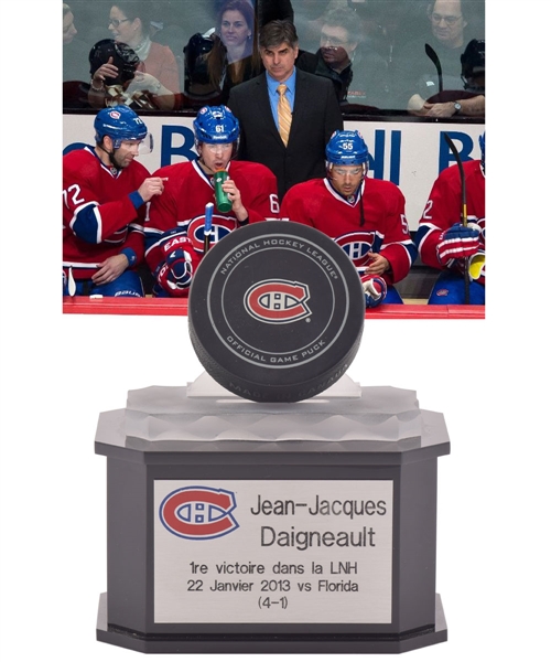 J.J. Daigneaults January 22nd 2013 Montreal Canadiens First NHL Win as an Assistant Coach Trophy with His Signed LOA