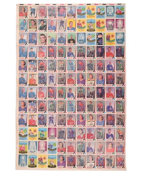 1969-70 O-Pee-Chee Hockey 132-Card Uncut Sheet Including Tony Esposito Rookie and Numerous Howe and Orr Cards