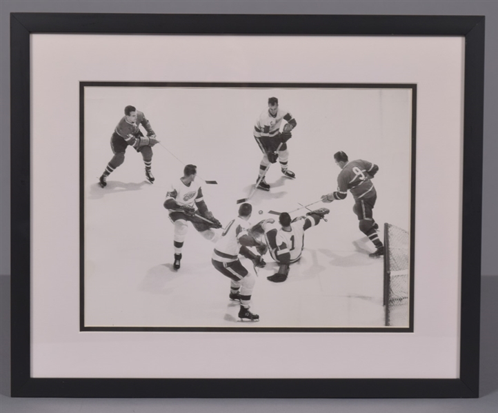 Mid-to-Late-1950s NHL Action Framed Photo of Canadiens vs Red Wings with Howe, Richard Bros, Sawchuk and Others Originally Displayed at the Hockey Hall of Fame with LOA