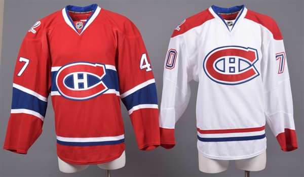 Frederic St-Denis’ and Gregory Stewart’s 2009-10 Montreal Canadiens Game-Issued Home and Away Jerseys with Team LOAs – Centennial Patches! 