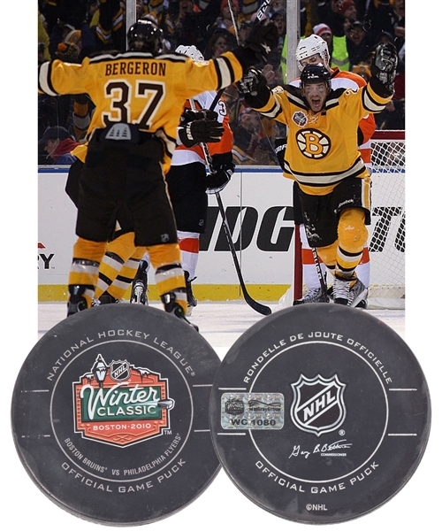 Mark Recchis 2010 NHL Winter Classic Boston Bruins Goal Puck with LOA