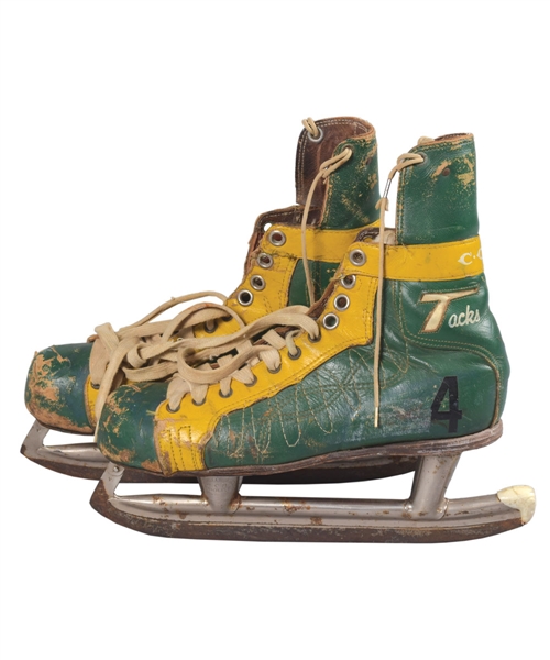 California Golden Seals 1970-71 Green and Gold #4 CCM Tacks Game-Used Skates Attributed to Wayne Muloin
