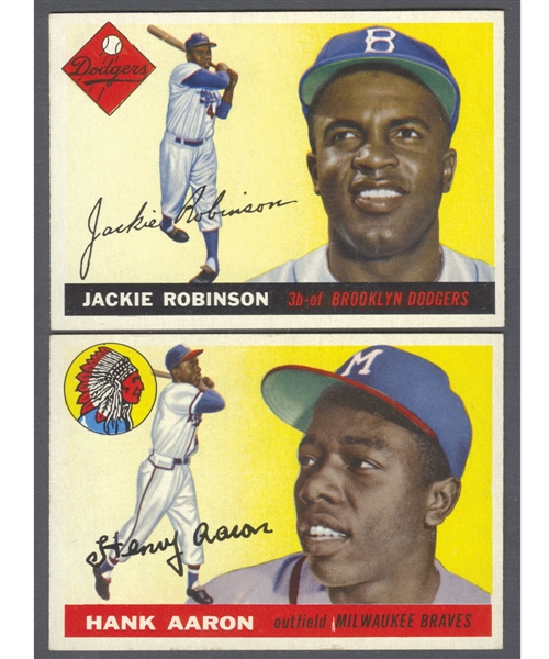 1955 Topps Baseball Card #50 HOFer Jackie Robinson and Card #47 HOFer Hank Aaron