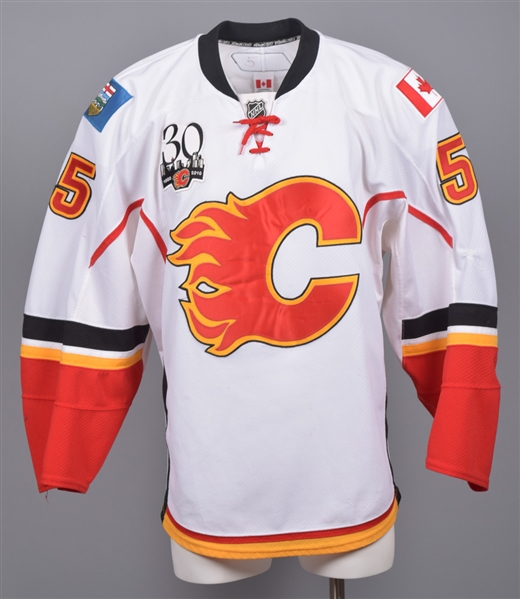 Mark Giordanos 2009-10 Calgary Flames Game-Worn Jersey with Team LOA - 30th Patch! - Team Repairs!