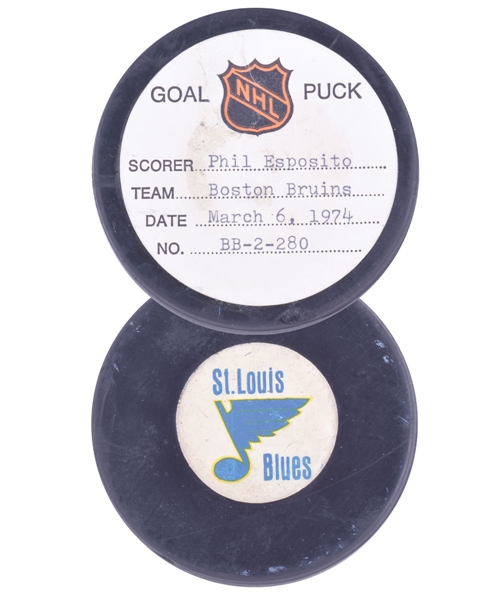 Phil Espositos Boston Bruins March 6th 1974 Goal Puck from the NHL Goal Puck Program - 55th Goal of Season / Career Goal #453 - Game-Winning Goal