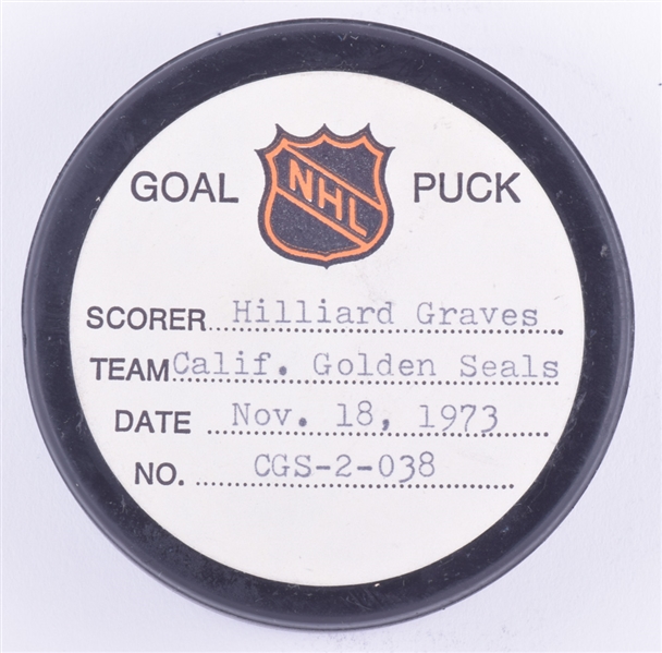 Hilliard Graves California Golden Seals November 18th 1973 Goal Puck from the NHL Goal Puck Program - 4th Goal of Season / Career Goal #31