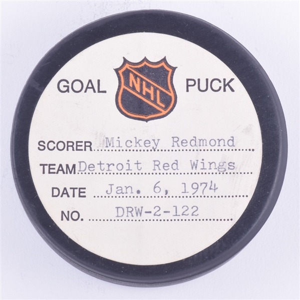 Mickey Redmonds Detroit Red Wings January 6th 1974 Goal Puck from the NHL Goal Puck Program - 20th Goal of Season / Career Goal #176