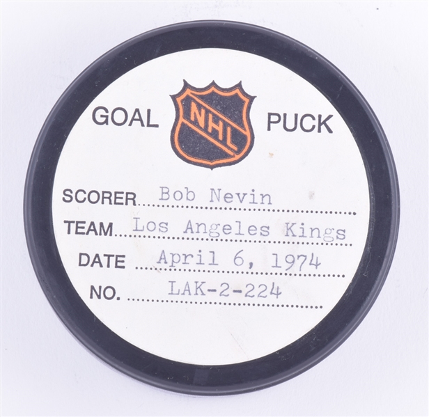 Bob Nevins Los Angeles Kings April 6th 1974 Goal Puck from the NHL Goal Puck Program - 20th Goal of Season / Career Goal #263 - Game-Winning Goal
