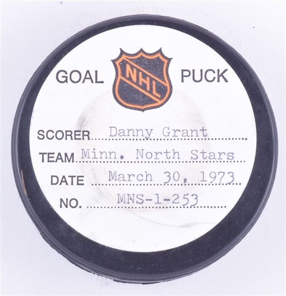 Danny Grants Minnesota North Stars March 30th 1973 Goal Puck from the NHL Goal Puck Program - 32nd Goal of Season / Career Goal #150