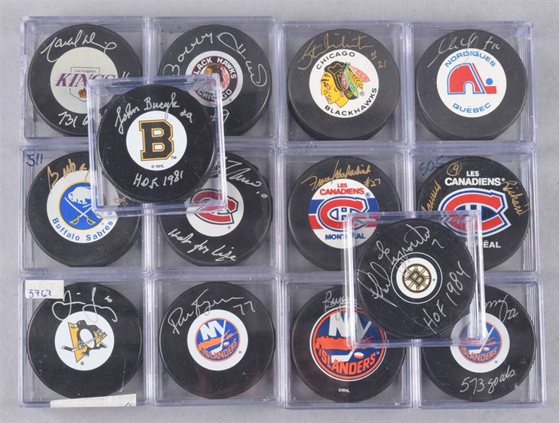 500-Goal Scorers Autographed Puck Collection of 14 Including Lafleur, Trottier, Jagr, Dionne and Maurice Richard with LOA