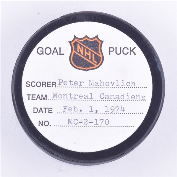 Peter Mahovlichs Montreal Canadiens February 1st 1974 Goal Puck from the NHL Goal Puck Program - 20th Goal of Season / Career Goal #129
