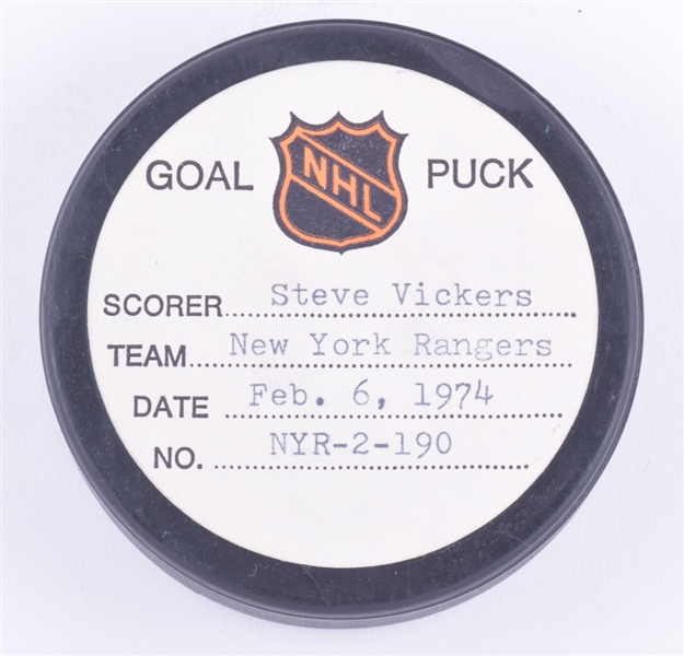 Steve Vickers New York Rangers February 6th 1974 Goal Puck from the NHL Goal Puck Program - 19th Goal of Season / Career Goal #49 - 2nd Goal of Hat Trick