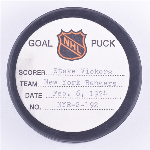 Steve Vickers New York Rangers February 6th 1974 Goal Puck from the NHL Goal Puck Program - 20th Goal of Season / Career Goal #50 - 3rd Goal of Hat Trick