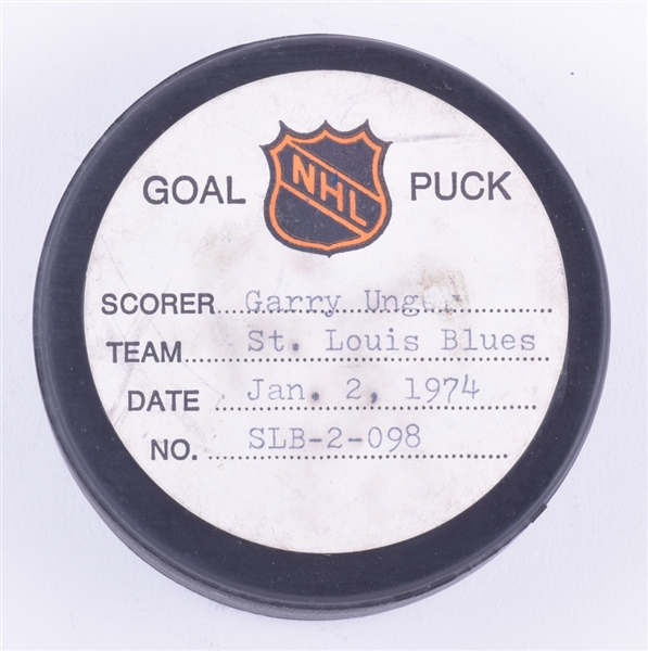 Gary Ungers St. Louis Blues January 2nd 1974 Goal Puck from the NHL Goal Puck Program - 15th Goal of Season / Career Goal #192 - Game-Winning Goal