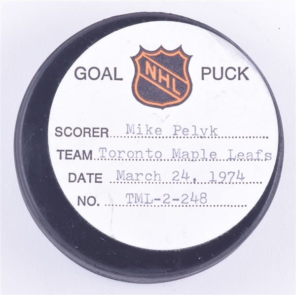 Mike Pelyks Toronto Maple Leafs March 24th 1974 Goal Puck from the NHL Goal Puck Program - 12th Goal of Season / Career Goal #25