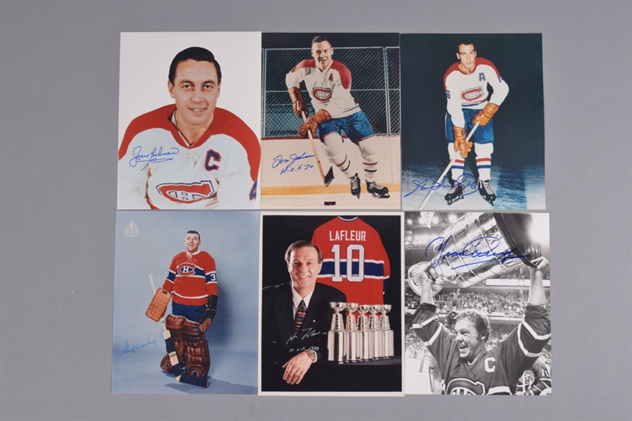 Montreal Canadiens HOFers Signed Photo Collection of 7 Plus 1942-50 CCM Art Ross NHL Official Game Pucks (2) and 1945-46 NHL Annual