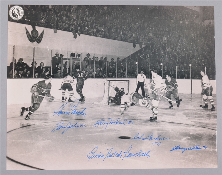 Multi-Signed Leafs/Canadiens Photo of Bill Barilkos Famous 1951 Goal with LOA (11” x 14”)